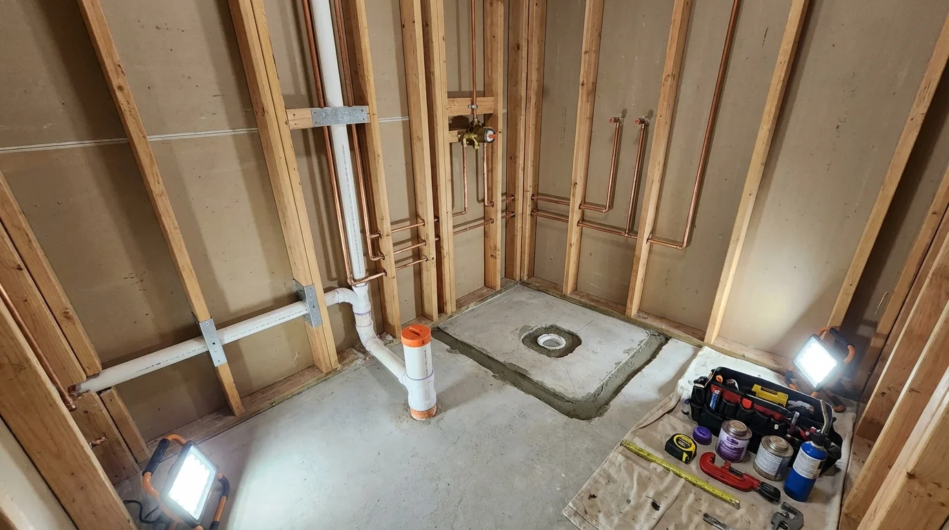 Bathroom rough-in plumbing during remodel by Johns Plumbing LLC in Pea Ridge