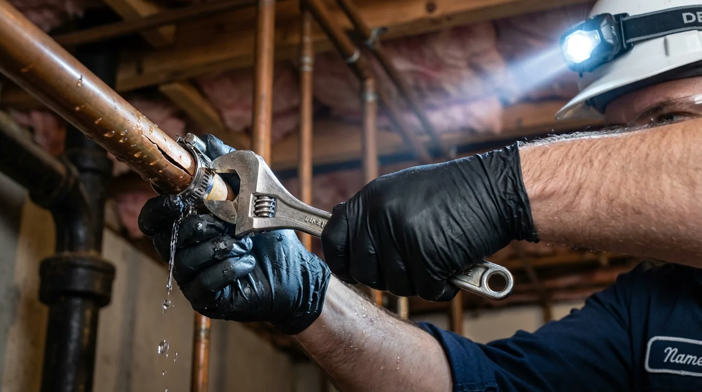 Emergency pipe clamp repair being performed by a Johns Plumbing LLC plumber in Pea Ridge