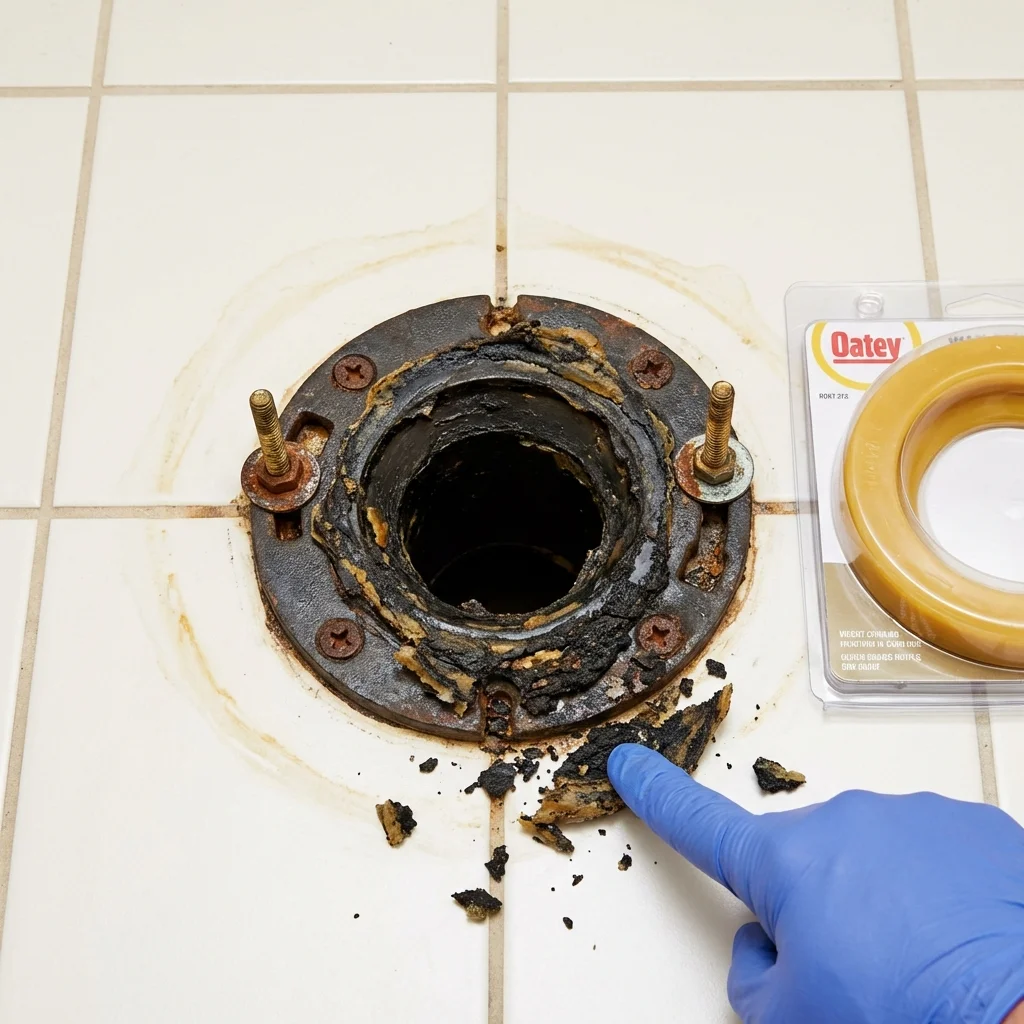 Failed wax ring showing water seepage at the base of a toilet in a Pea Ridge, AR home