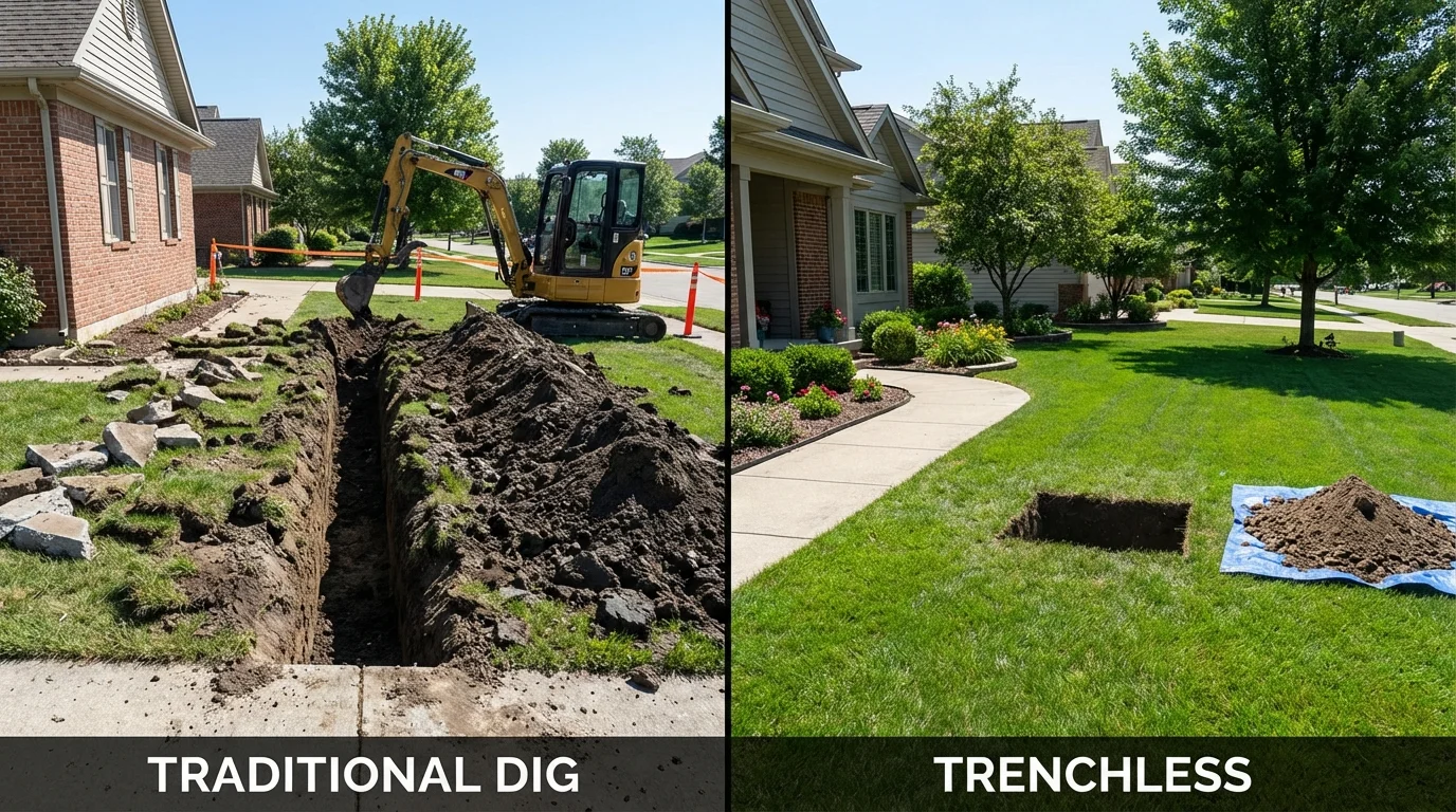 Trenchless sewer repair with minimal yard damage versus traditional excavation in Pea Ridge, AR